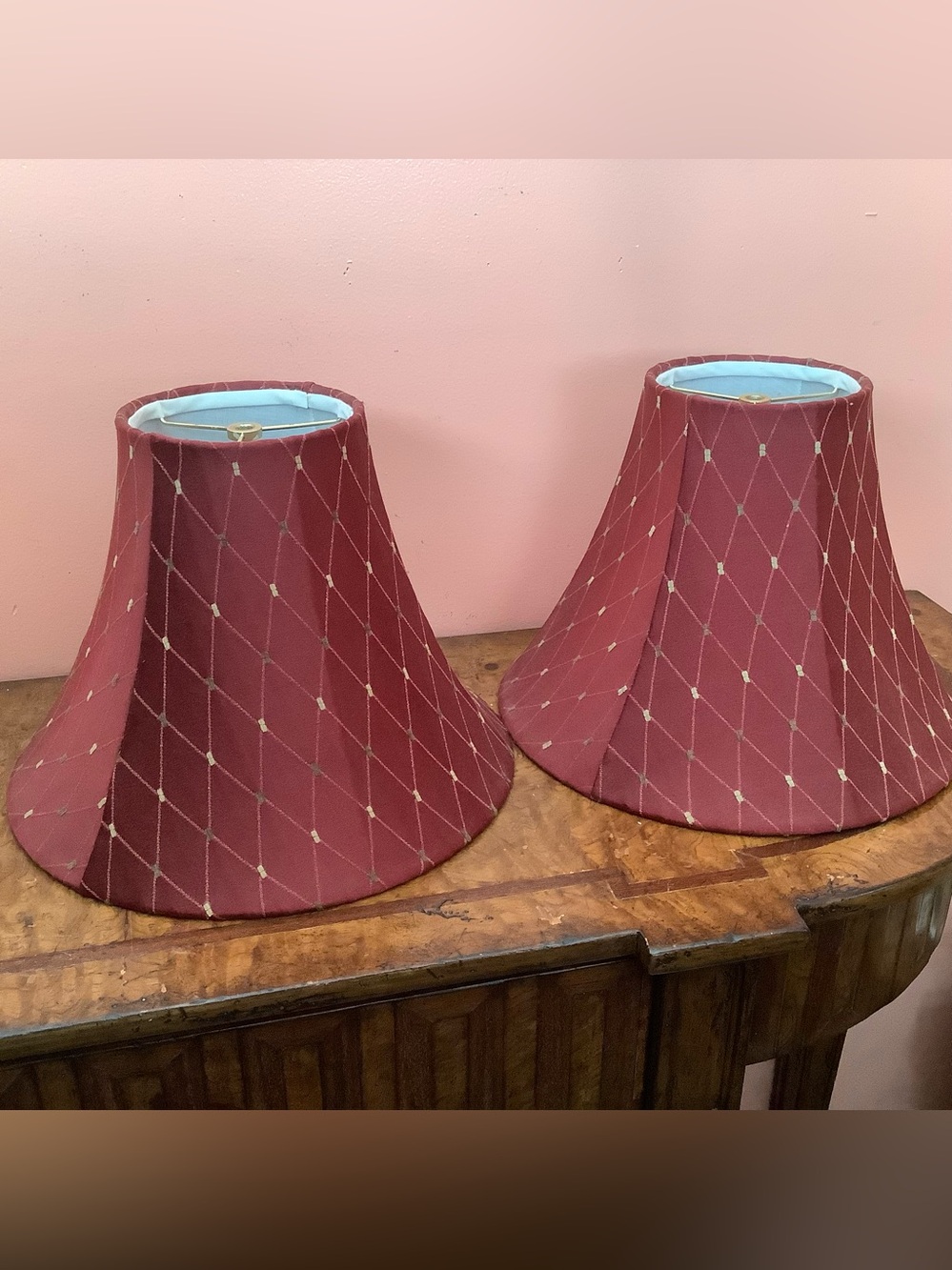 Embroidered Burgundy Bell Lampshade Lined Satin Diamond Pattern 14” Bottom 10.5H